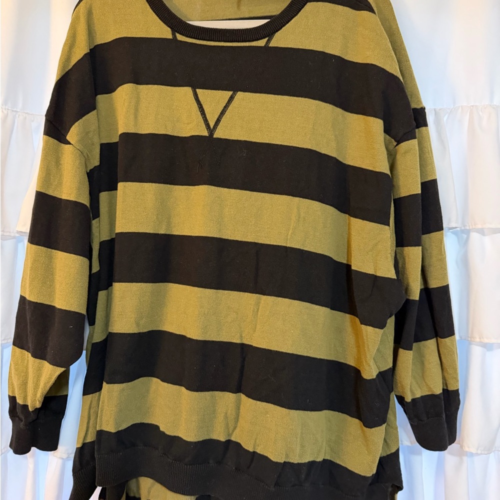 Free People Black and Olive Striped Sweater